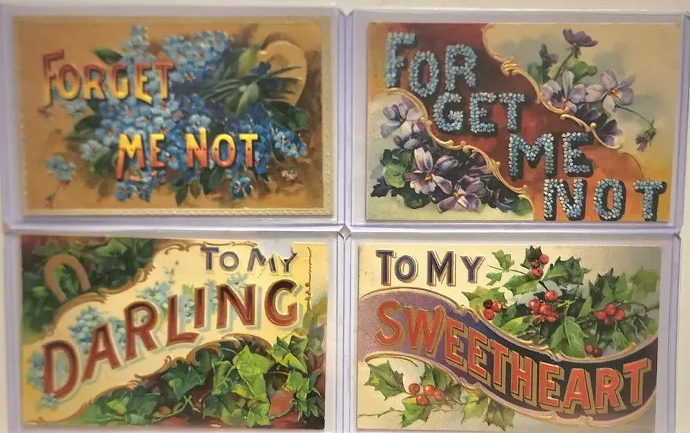 Lot Of Four Vintage Antique Embossed Postcards Flowers Darling Sweetheart Forget